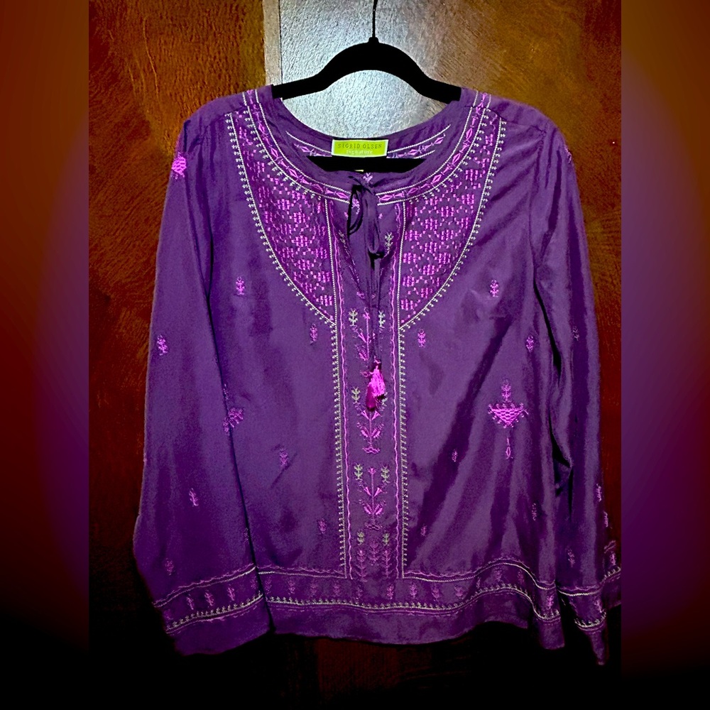 Sigrid Olsen Signature Purple Embroidered 3/4 Sleeve silk boho Blouse size M